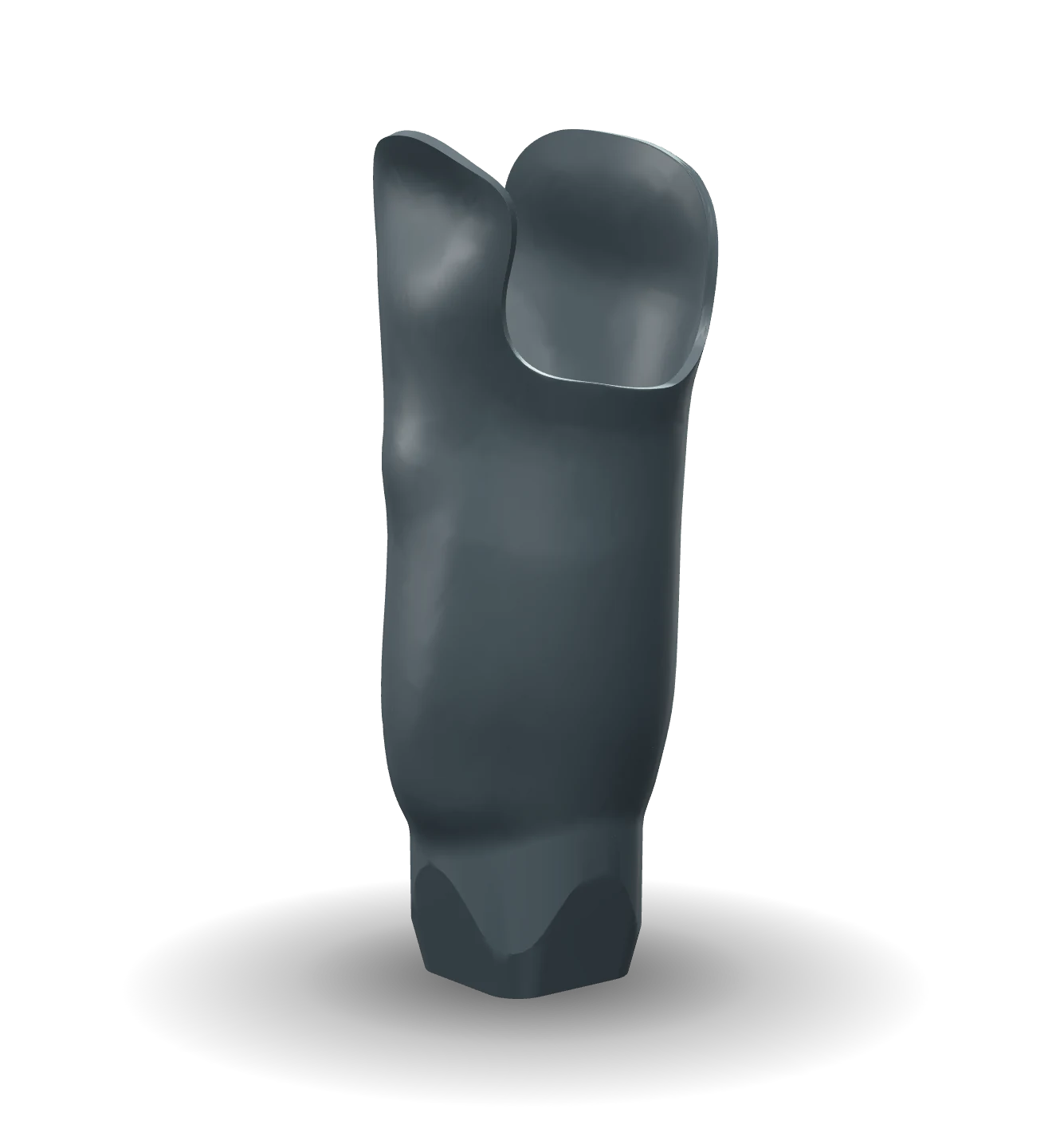 A printed transtibial socket in carbon-fibre polyamide, with a winged supracondylar trimline and a turned adapter block